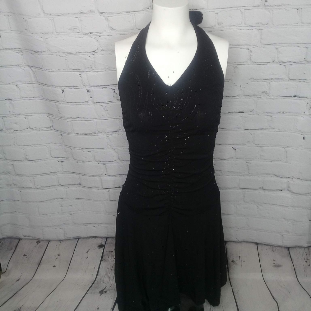 OPERA Black Glitter Y2K Halter Drop Waist Asymmetrical Cocktail Party Dress Sz M